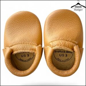 BirdRock Baby Fringeless Leather Moccasin Classic Brown 3 Soft Sole Neutral Gift